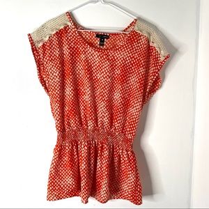 Aqua Red Beige Teardrop Crochet Shoulder Top Smocked Waist Allover Print
